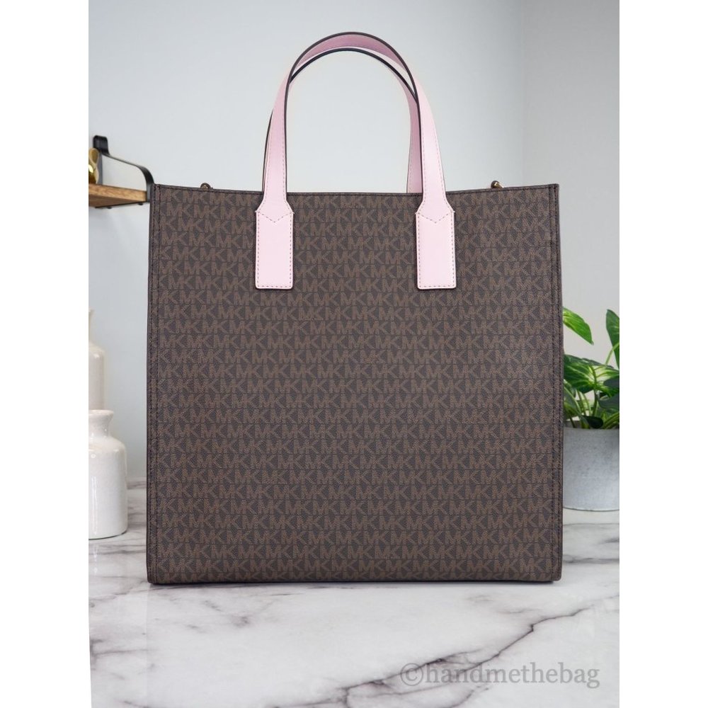 NEW Michael Kors Kenly Large North South Tote Bag Brown Pink Signature Computer - Picture 3 of 9
